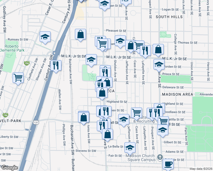 map of restaurants, bars, coffee shops, grocery stores, and more near in Grand Rapids