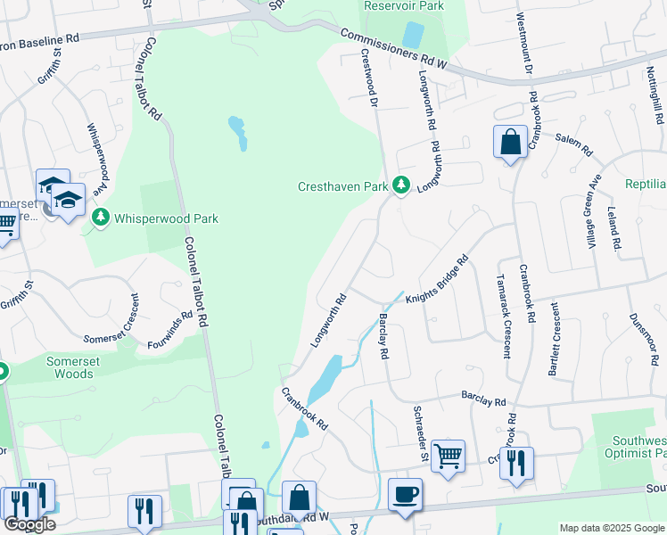 map of restaurants, bars, coffee shops, grocery stores, and more near Thistleridge Crescent in London