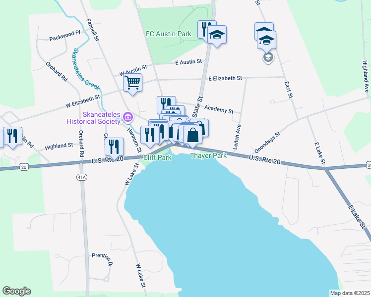 map of restaurants, bars, coffee shops, grocery stores, and more near 36 East Genesee Street in Skaneateles