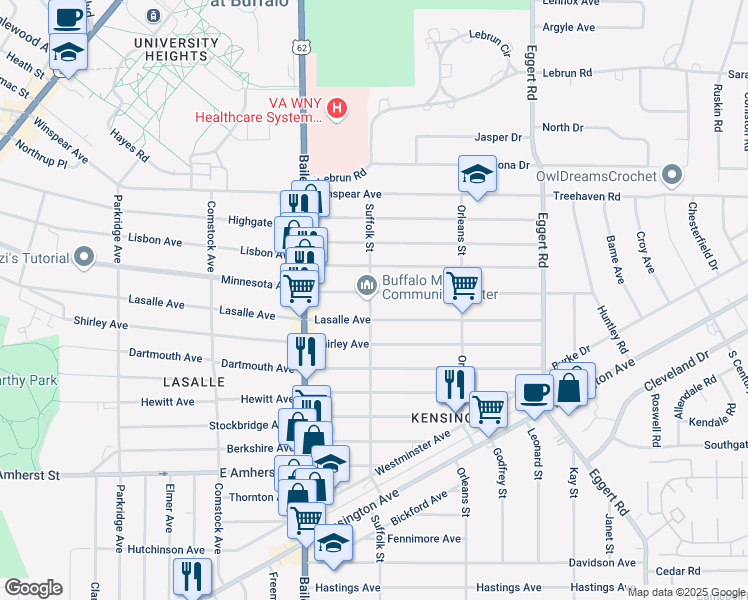 map of restaurants, bars, coffee shops, grocery stores, and more near 597 Lasalle Avenue in Buffalo
