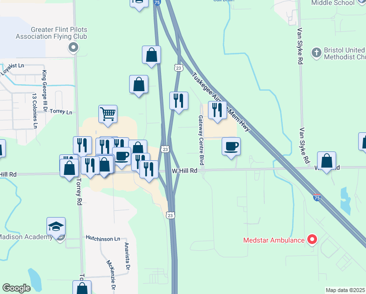 map of restaurants, bars, coffee shops, grocery stores, and more near 5406 Gateway Center in Flint