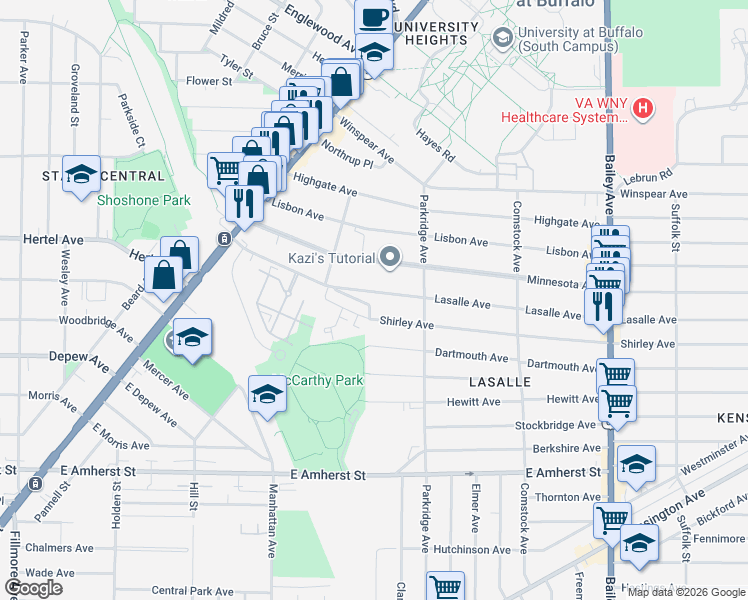 map of restaurants, bars, coffee shops, grocery stores, and more near 18 Shirley Avenue in Buffalo
