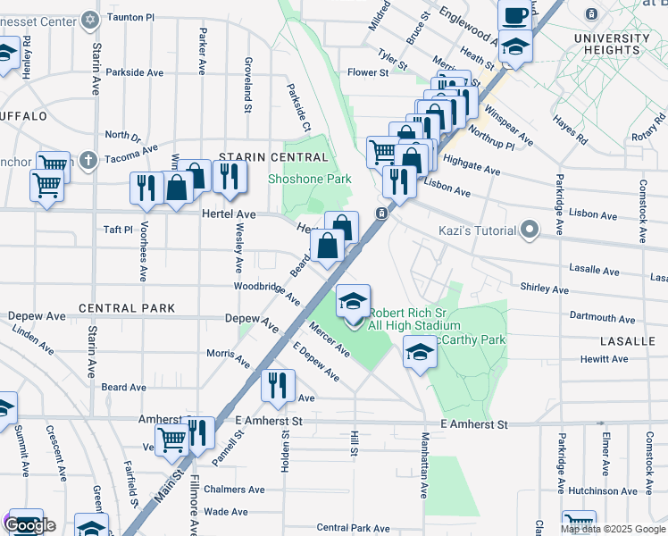 map of restaurants, bars, coffee shops, grocery stores, and more near 2910 Main Street in Buffalo