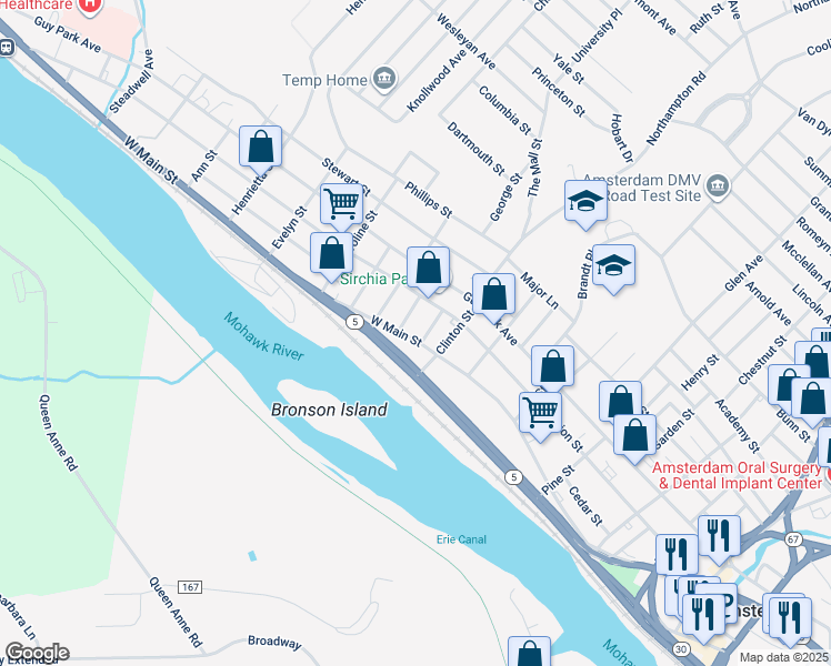 map of restaurants, bars, coffee shops, grocery stores, and more near 270 West Main Street in Amsterdam