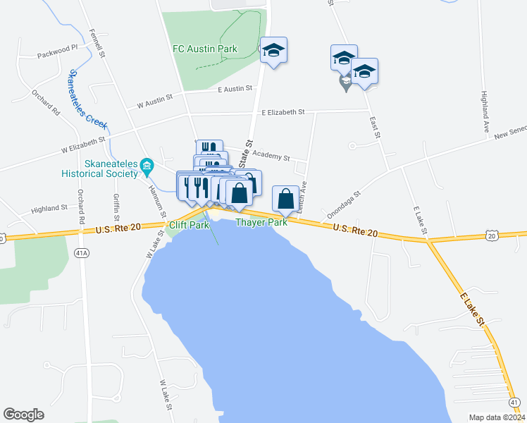 map of restaurants, bars, coffee shops, grocery stores, and more near 66 East Genesee Street in Skaneateles