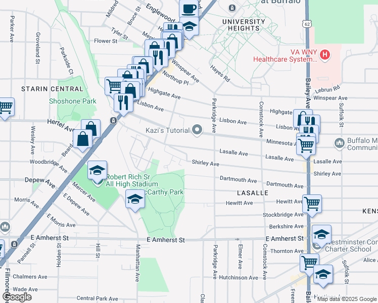 map of restaurants, bars, coffee shops, grocery stores, and more near 18 Shirley Avenue in Buffalo
