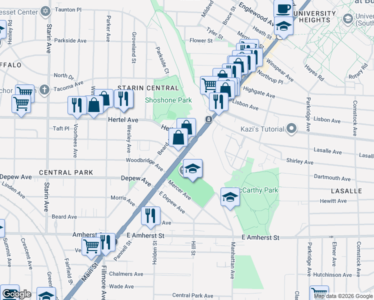 map of restaurants, bars, coffee shops, grocery stores, and more near 2910 Main Street in Buffalo