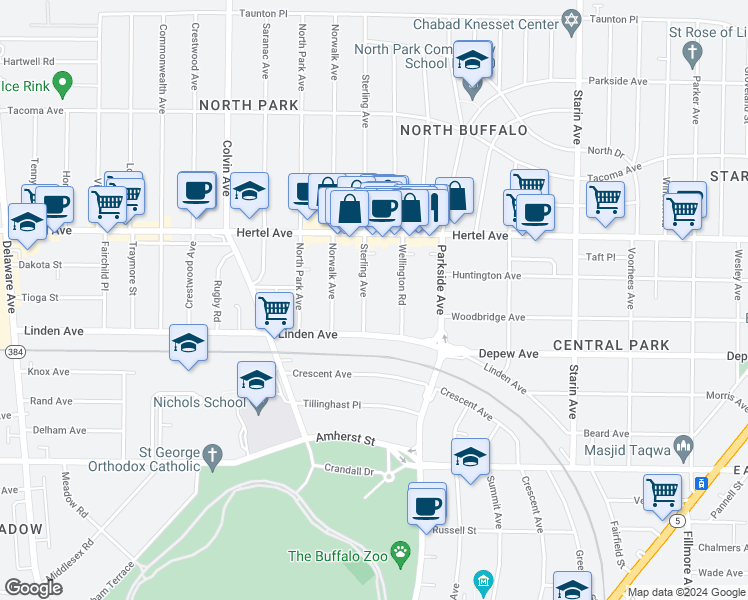 map of restaurants, bars, coffee shops, grocery stores, and more near 24 Wellington Road in Buffalo