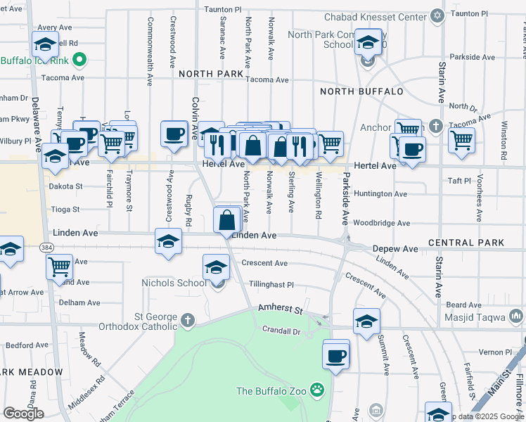 map of restaurants, bars, coffee shops, grocery stores, and more near 14 Norwalk Avenue in Buffalo