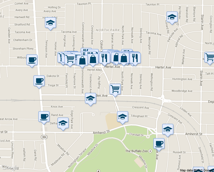 map of restaurants, bars, coffee shops, grocery stores, and more near 148 Colvin Avenue in Buffalo