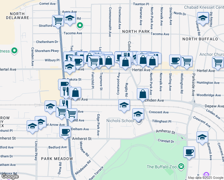 map of restaurants, bars, coffee shops, grocery stores, and more near 14 Crestwood Avenue in Buffalo