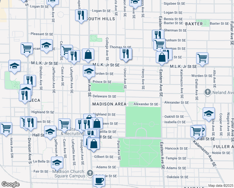map of restaurants, bars, coffee shops, grocery stores, and more near in Grand Rapids