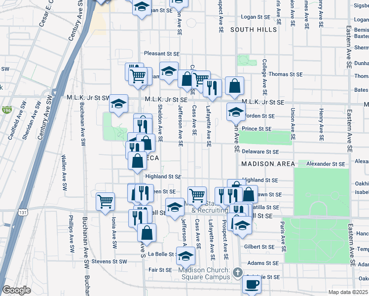 map of restaurants, bars, coffee shops, grocery stores, and more near 1028 Jefferson Avenue Southeast in Grand Rapids