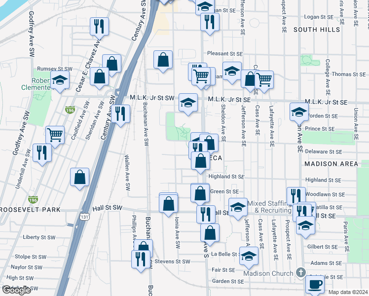 map of restaurants, bars, coffee shops, grocery stores, and more near 50 Albany Street Southwest in Grand Rapids