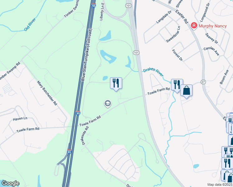 map of restaurants, bars, coffee shops, grocery stores, and more near 105 Towle Farm Road in Hampton