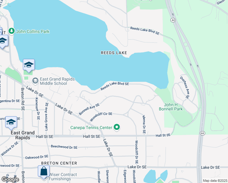 map of restaurants, bars, coffee shops, grocery stores, and more near 2929 Bonnell Avenue Southeast in East Grand Rapids