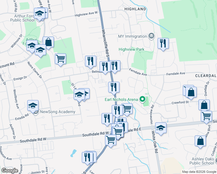 map of restaurants, bars, coffee shops, grocery stores, and more near 2 Westdale Avenue in London