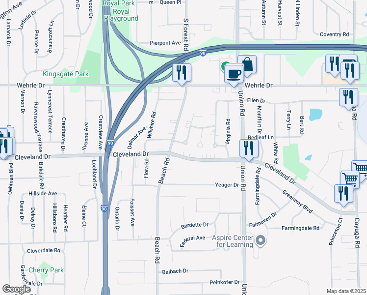 map of restaurants, bars, coffee shops, grocery stores, and more near 9 Garden Road in Buffalo