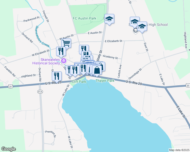 map of restaurants, bars, coffee shops, grocery stores, and more near East Genesee Street & State Street Road in Skaneateles