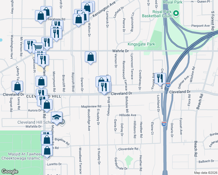 map of restaurants, bars, coffee shops, grocery stores, and more near 684 Cleveland Drive in Buffalo