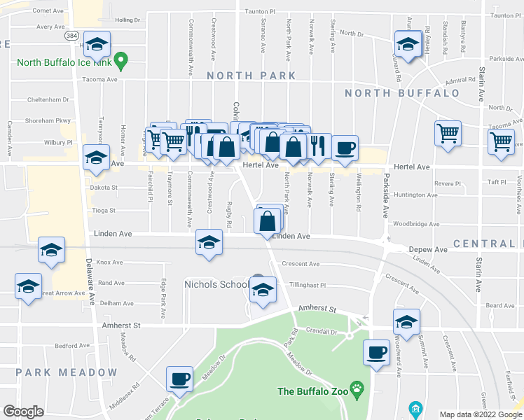map of restaurants, bars, coffee shops, grocery stores, and more near 165 Colvin Avenue in Buffalo