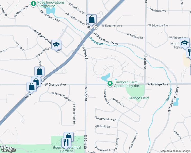 map of restaurants, bars, coffee shops, grocery stores, and more near 8975 Woodbridge Drive in Greendale