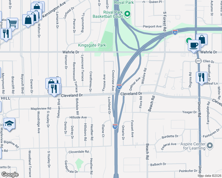 map of restaurants, bars, coffee shops, grocery stores, and more near 878 Cleveland Drive in Buffalo