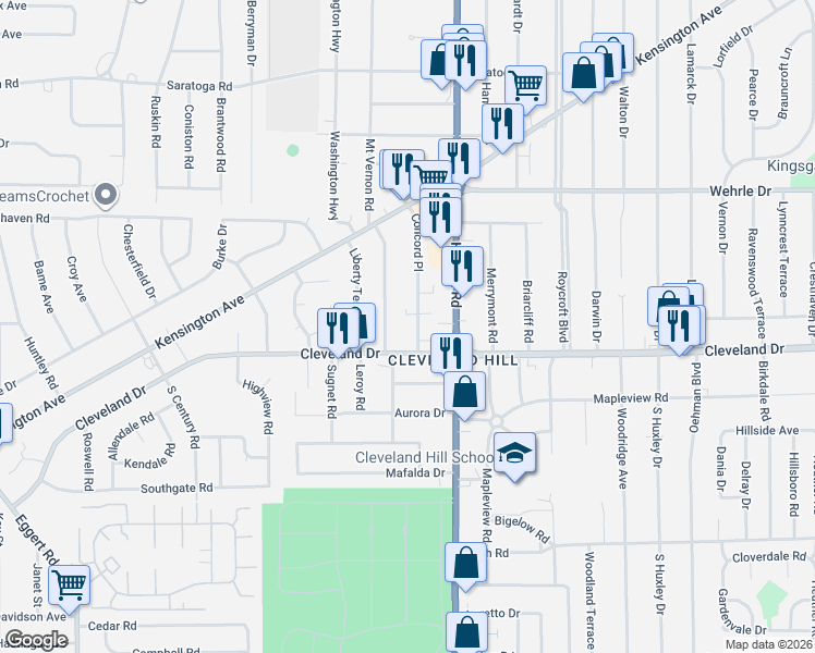 map of restaurants, bars, coffee shops, grocery stores, and more near 372 Cleveland Drive in Cheektowaga
