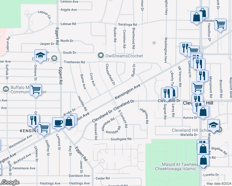 map of restaurants, bars, coffee shops, grocery stores, and more near in Cheektowaga