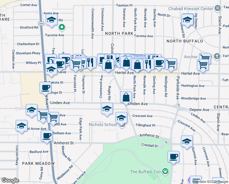 map of restaurants, bars, coffee shops, grocery stores, and more near 148 Colvin Avenue in Buffalo