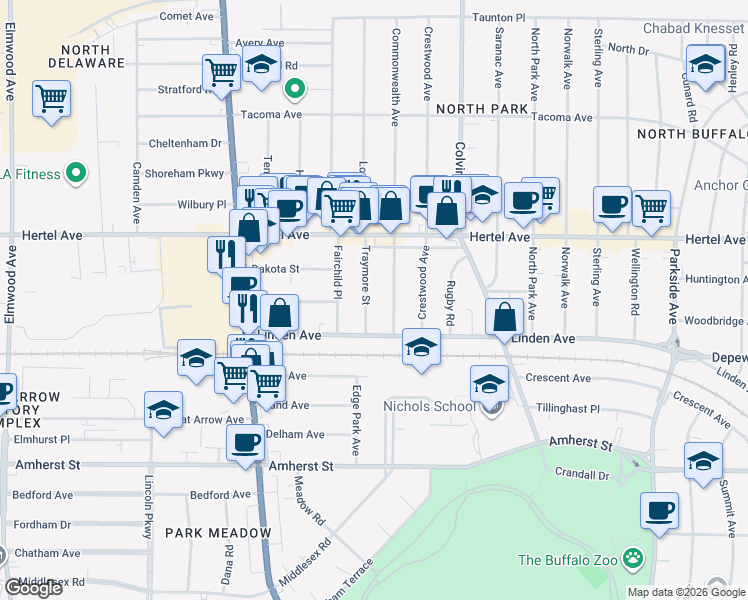 map of restaurants, bars, coffee shops, grocery stores, and more near 9 Traymore Street in Buffalo