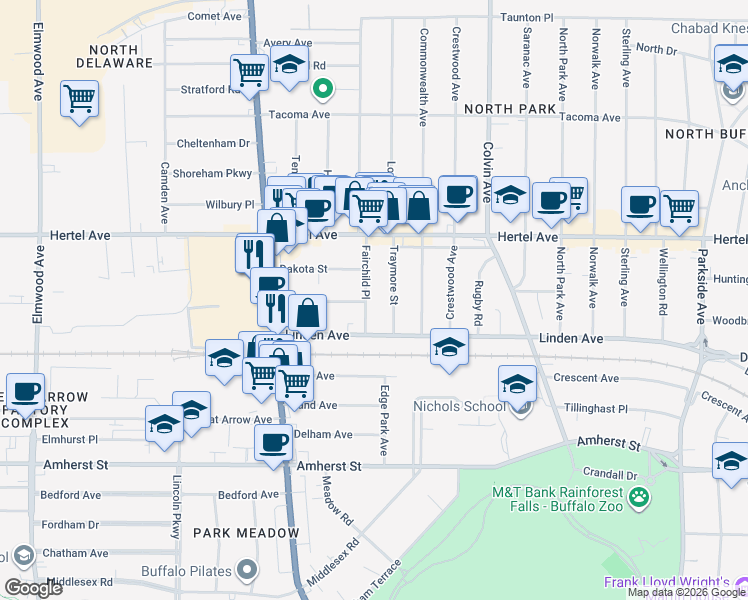 map of restaurants, bars, coffee shops, grocery stores, and more near 15 Fairchild Place in Buffalo