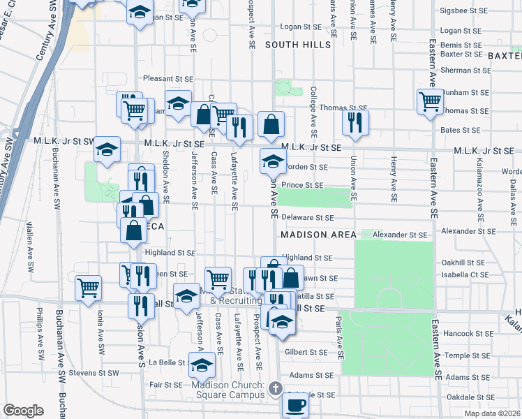 map of restaurants, bars, coffee shops, grocery stores, and more near 1031 Prospect Avenue Southeast in Grand Rapids