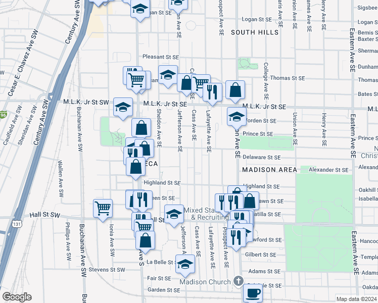 map of restaurants, bars, coffee shops, grocery stores, and more near 1028 Jefferson Avenue Southeast in Grand Rapids