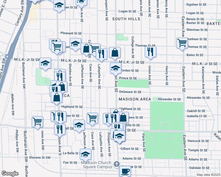 map of restaurants, bars, coffee shops, grocery stores, and more near 1031 Prospect Avenue Southeast in Grand Rapids