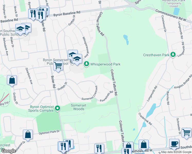 map of restaurants, bars, coffee shops, grocery stores, and more near 120 Somerset Crescent in London