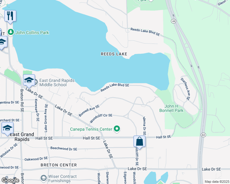 map of restaurants, bars, coffee shops, grocery stores, and more near 2929 Bonnell Avenue Southeast in East Grand Rapids