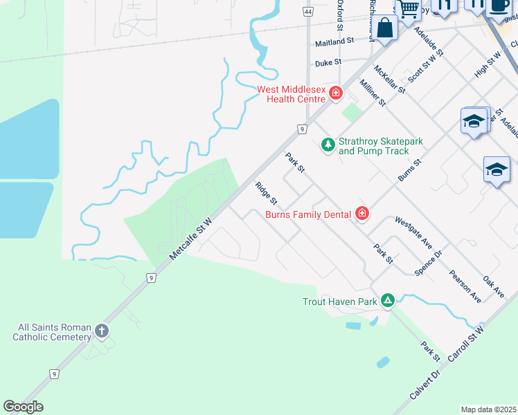 map of restaurants, bars, coffee shops, grocery stores, and more near 41 Bridle Path in Strathroy