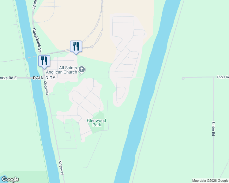 map of restaurants, bars, coffee shops, grocery stores, and more near 97 Tumblewood Place in Welland