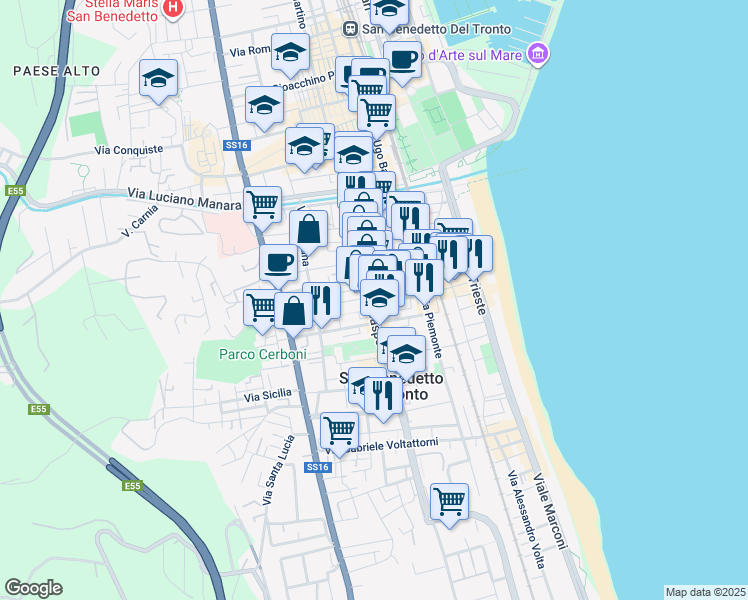 map of restaurants, bars, coffee shops, grocery stores, and more near 17 Via Monte San Michele in San Benedetto del Tronto