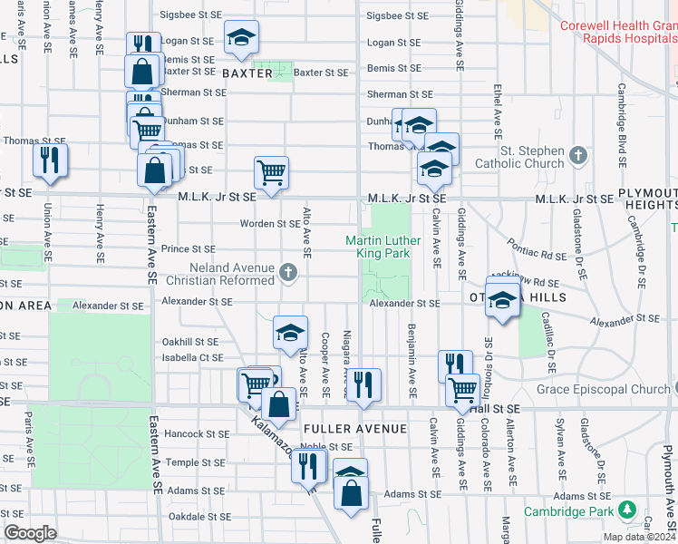 map of restaurants, bars, coffee shops, grocery stores, and more near 1137 Watkins Street Southeast in Grand Rapids