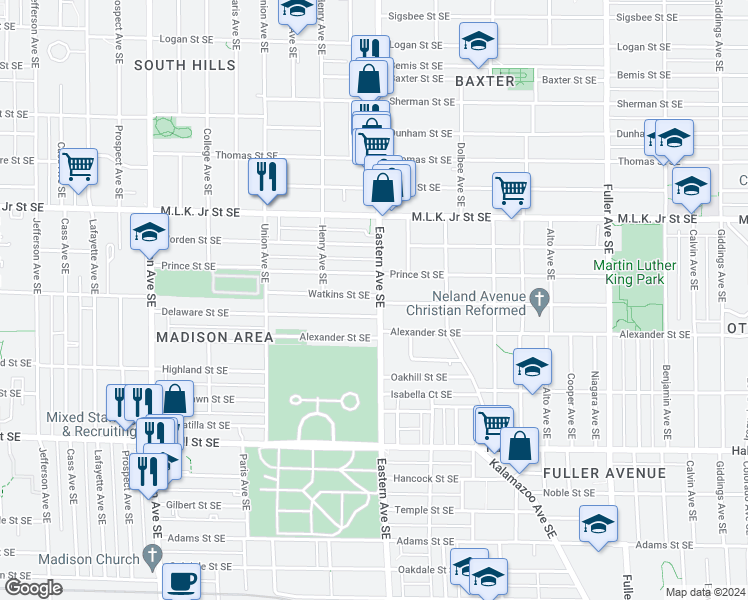 map of restaurants, bars, coffee shops, grocery stores, and more near 925 Eastern Avenue Southeast in Grand Rapids