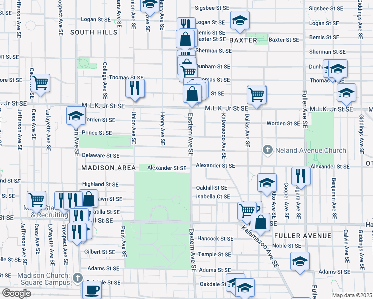 map of restaurants, bars, coffee shops, grocery stores, and more near 750 Watkins Street Southeast in Grand Rapids