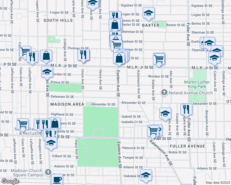 map of restaurants, bars, coffee shops, grocery stores, and more near 742 Prince Street Southeast in Grand Rapids