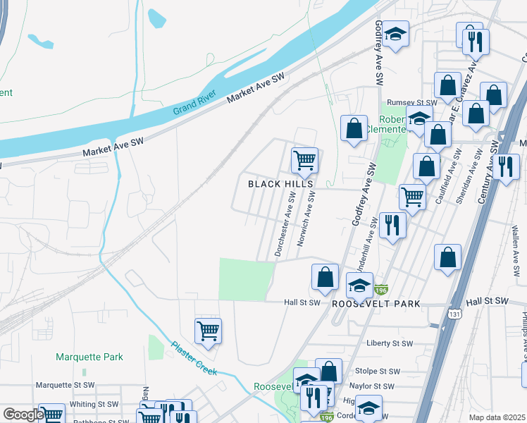 map of restaurants, bars, coffee shops, grocery stores, and more near 953 Kensington Avenue Southwest in Grand Rapids