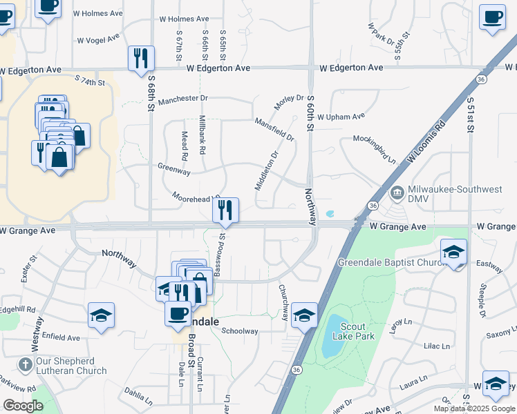 map of restaurants, bars, coffee shops, grocery stores, and more near 7710 Middleton Drive in Greendale