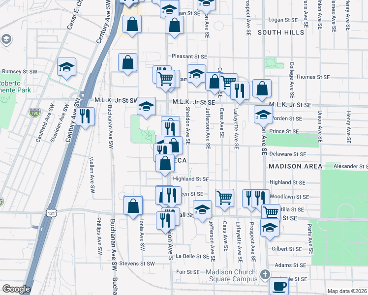 map of restaurants, bars, coffee shops, grocery stores, and more near 19 Delaware Street Southeast in Grand Rapids