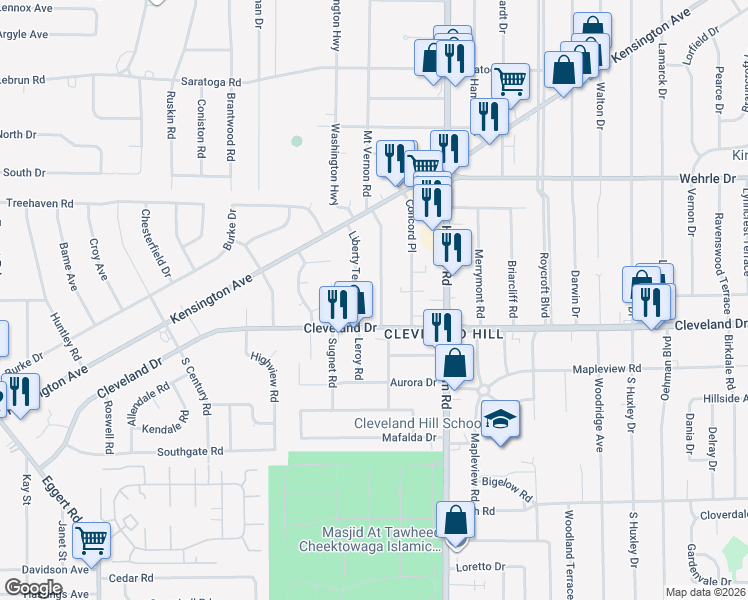 map of restaurants, bars, coffee shops, grocery stores, and more near 55 Liberty Terrace in Buffalo