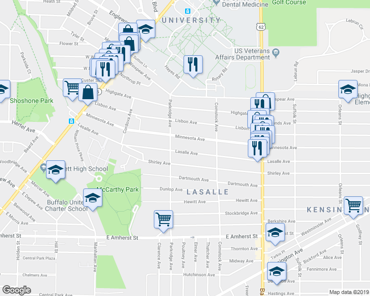 map of restaurants, bars, coffee shops, grocery stores, and more near 241 Minnesota Avenue in Buffalo