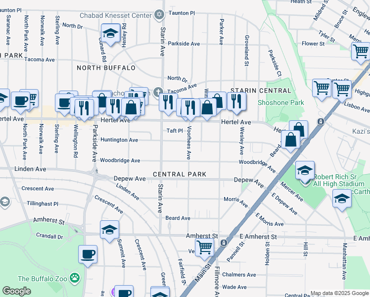 map of restaurants, bars, coffee shops, grocery stores, and more near 243 Huntington Avenue in Buffalo